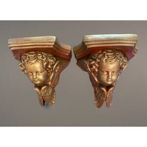 Angel Cherub Gold Wings Child Face Chalkware Wall Shelf Sconce 20th Century
